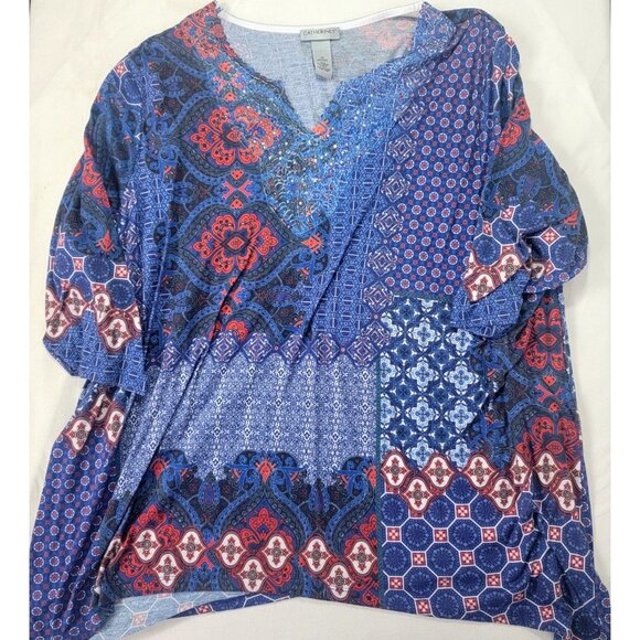 Catherines Tops - Catherines Women's 3/4 Sleeve Blue Red Print Women's Shirt Top Crystal Accent 3X